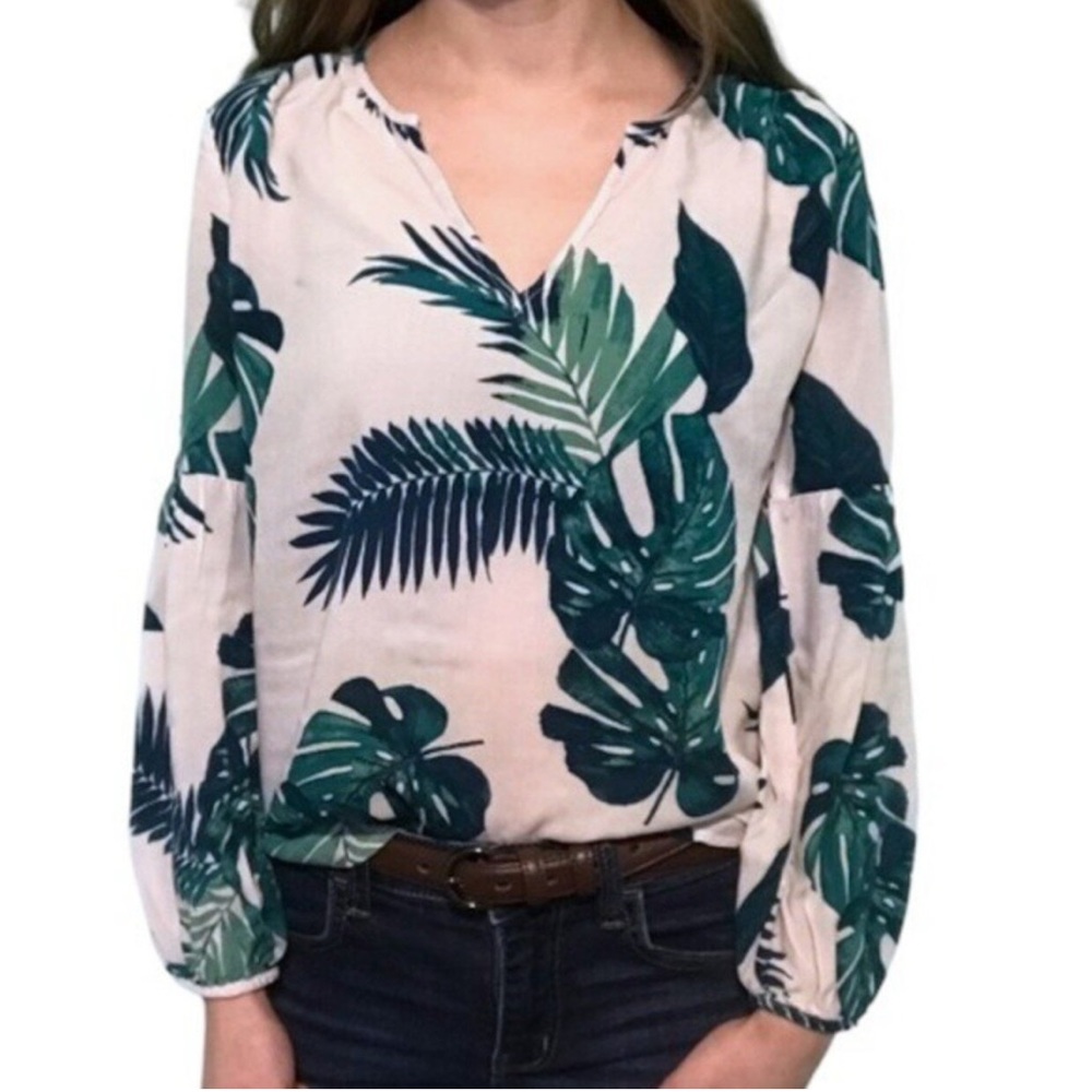Old Navy white with green tropical print long sleeve blouse top Size XXL
